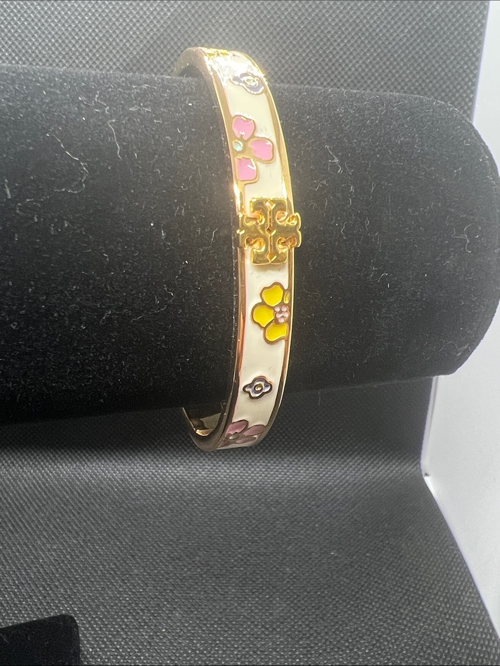 Tory Burch Gold-Tone Enamel Floral Bangle - Pink & Yellow